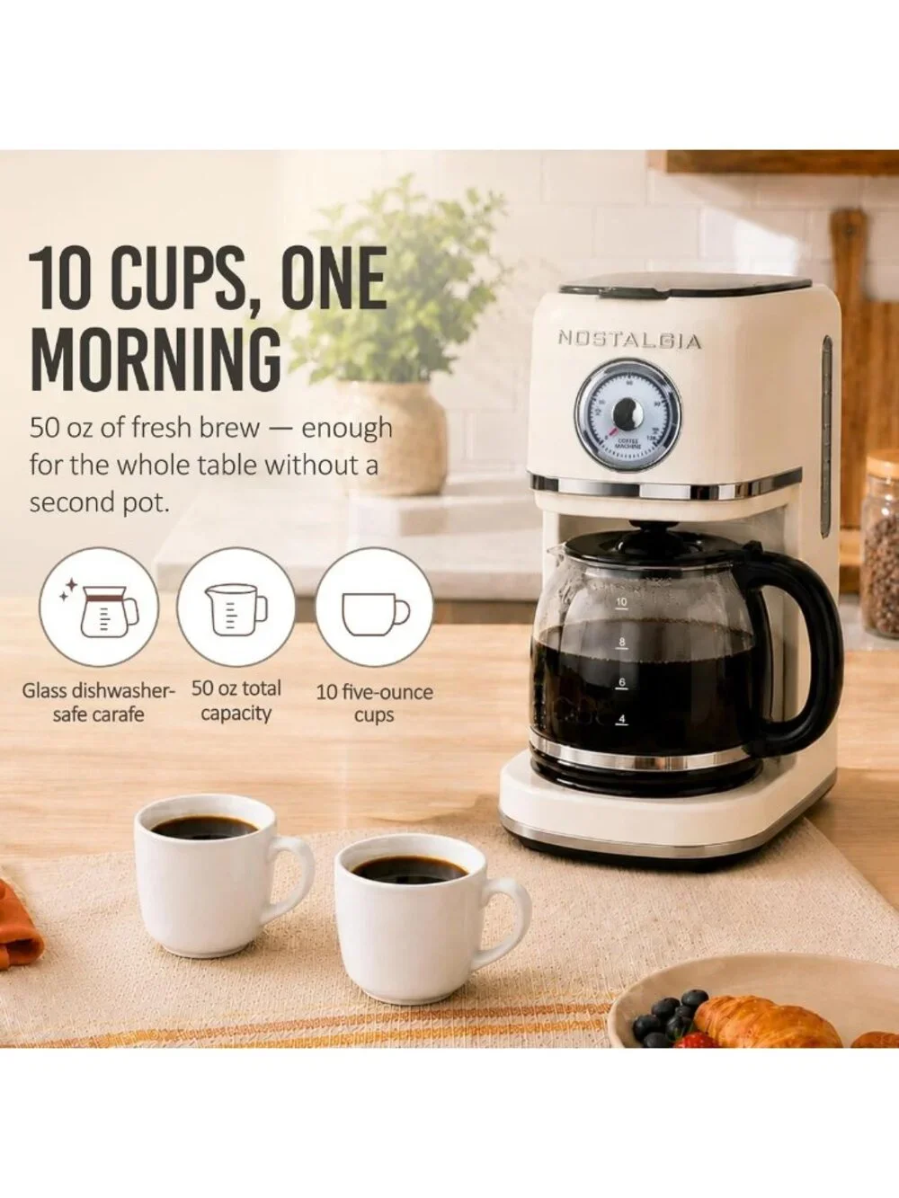 Classic Retro 10-Cup Coffee Maker in Cream - Vintage Style, Easy Brew, Kitchen